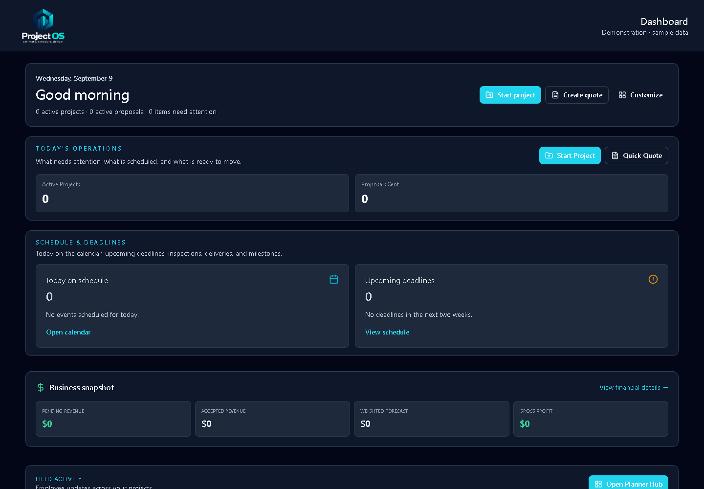 Dashboard — Project OS dark demonstration with sample data