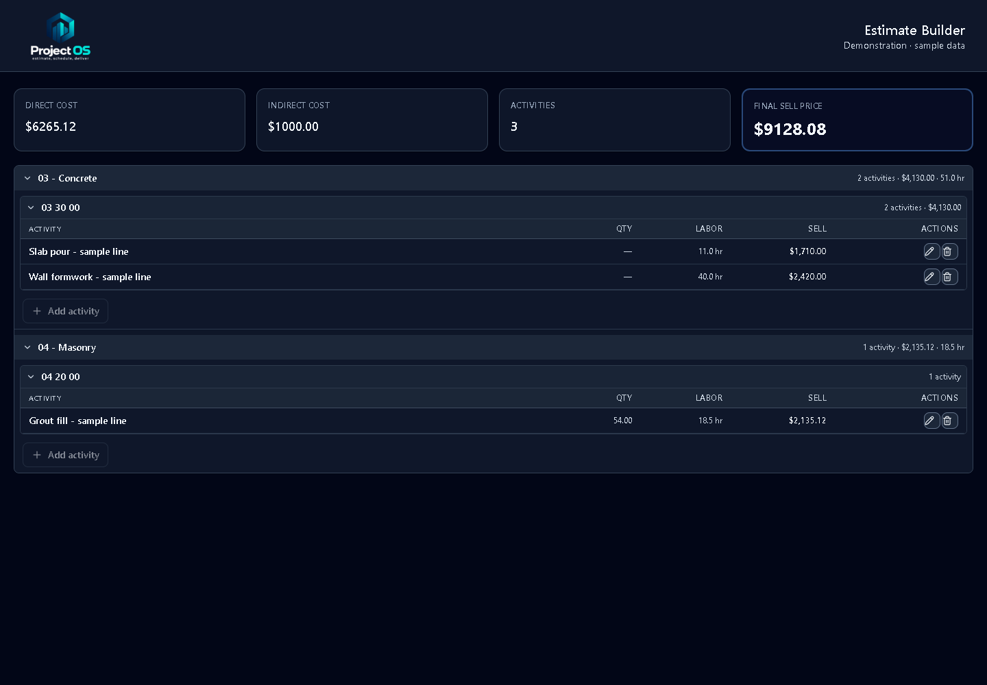 Estimate Builder — Project OS dark demonstration with sample data